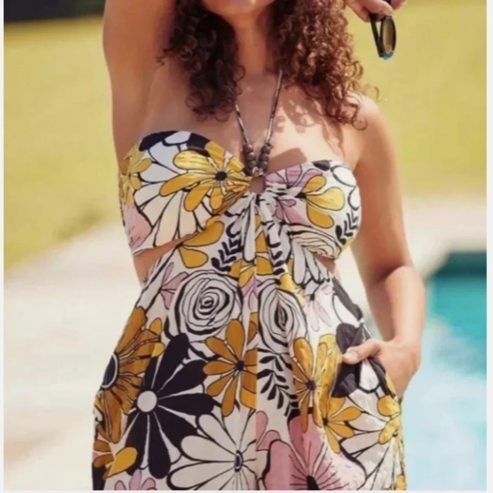 Kenzie Parrott Paints Anthropologie Bandeau Open Back Beachy Halter Jumpsuit Nwt